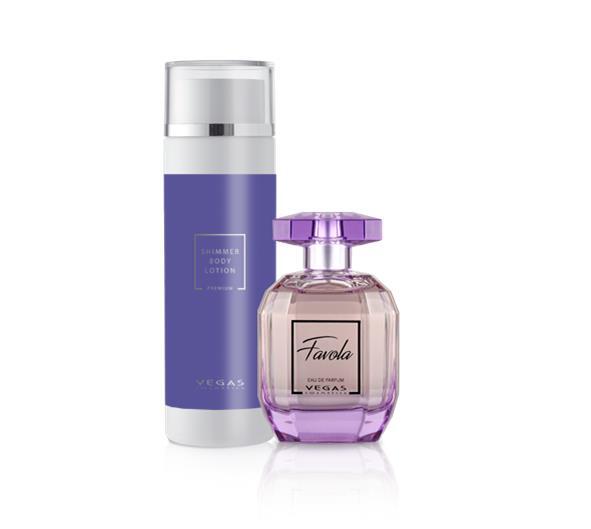 Favola Set bestehend aus Eau de Parfum und Shimmer Bodylotion von Vegas Cosmetics, präsentiert von Gigis Travel World als Muttertagsgeschenk.