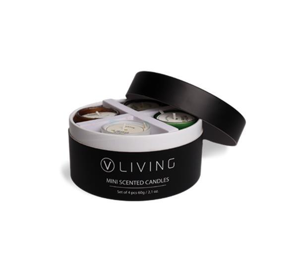 Set mit 4 handgefertigten Mini-Duftkerzen aus veganem Sojawachs in einer Geschenkbox von Vegas Cosmetics, präsentiert von Gigis Travel World.